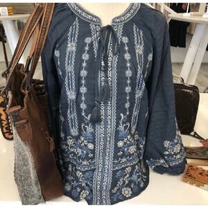 Savanna Jane Blue Embroidered Tunic Top Small New Boho Tassel Lace Up Blouse
